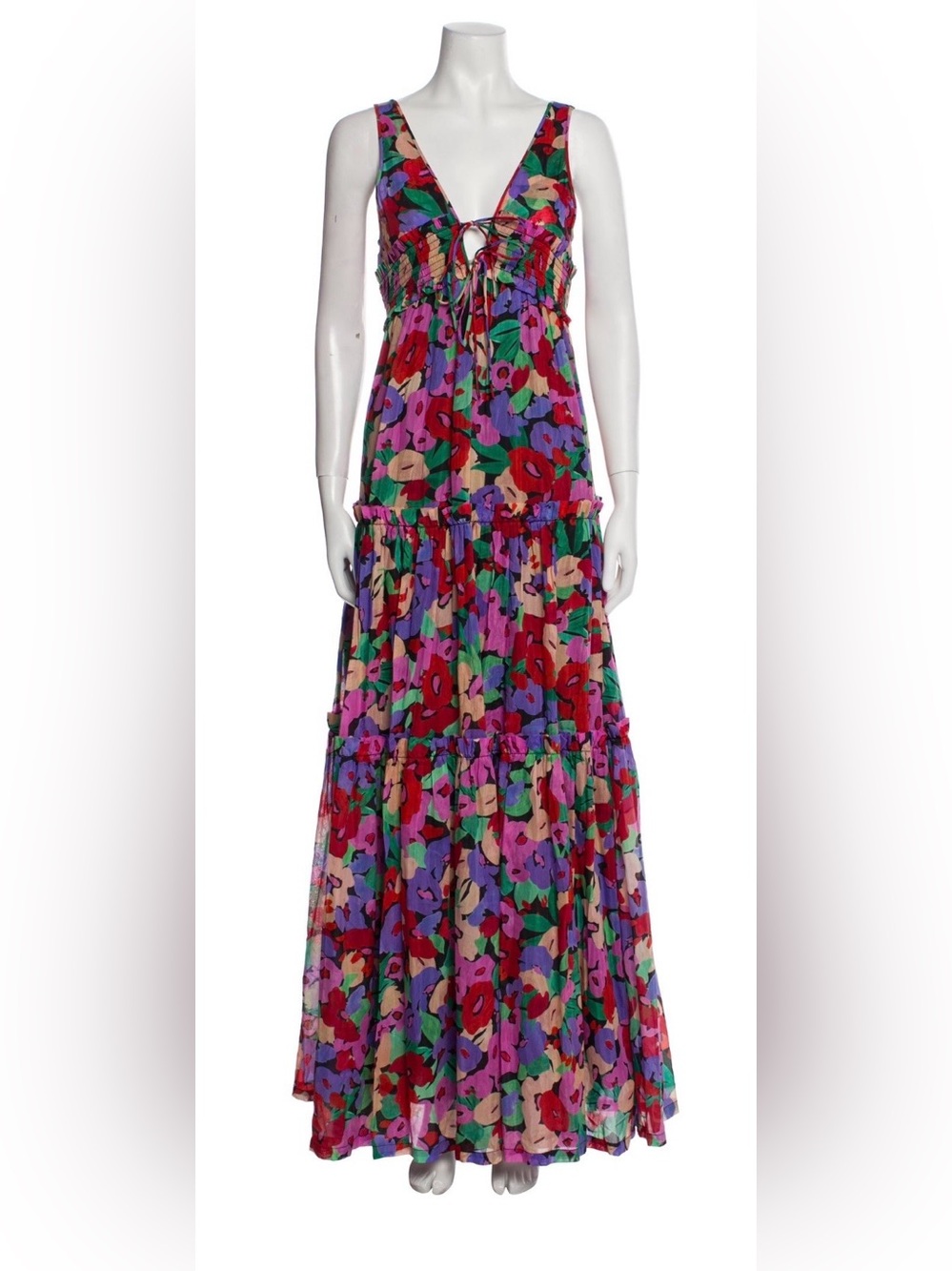 • NICHOLAS Floral Tie-Front Tiered Maxi Skirt in Red, Purple & Green